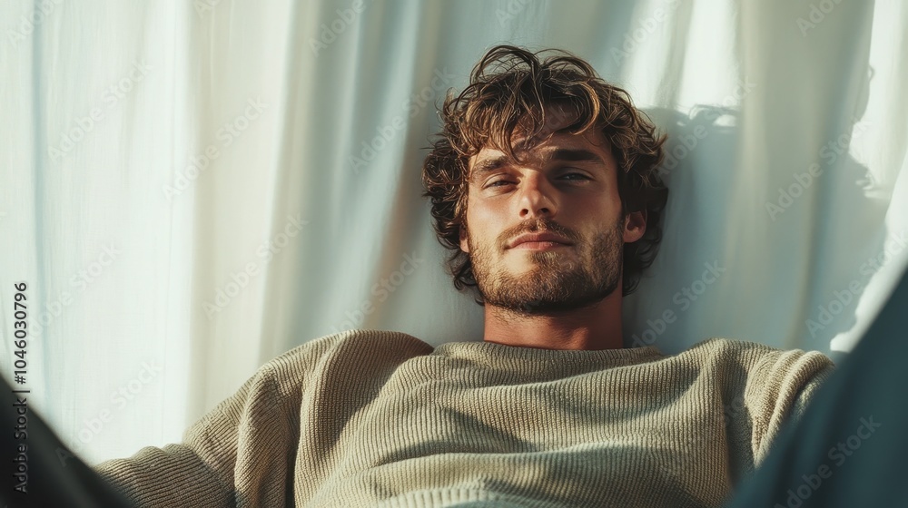 A relaxed man lying back, highlighted by sunlight filtering through curtains, creates shadows that dance across his features, in a tranquil home setting. A relaxed man lying back, highlighted by sunlight filtering through curtains, creates shadows that dance across his features, in a tranquil home setting.