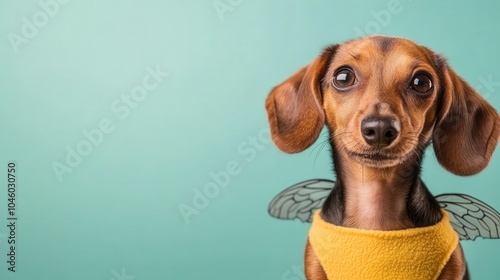 A sweet dachshund in a bee costume with cute earmuffs and shimmering wings on its back set against a plain green background, embodying whimsy and charm.