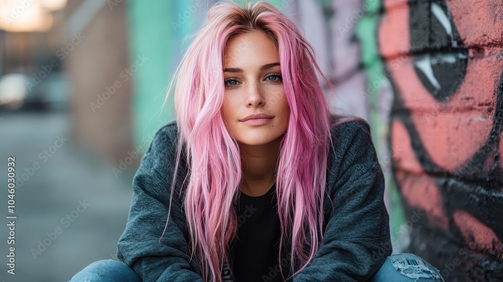 A casual yet vibrant portrait of a young woman with pink hair, sitting on the ground against a colorful graffiti wall, exuding youth and creativity. A casual yet vibrant portrait of a young woman with pink hair, sitting on the ground against a colorful graffiti wall, exuding youth and creativity.