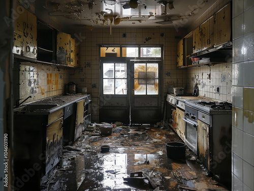 A very dark laboratory destroyed with debre. Generative AI
