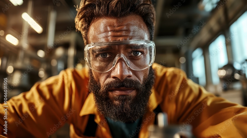 A bearded engineer in a yellow uniform, wearing protective goggles, focuses intently on his work inside an industrial setting, embodying precision and safety. A bearded engineer in a yellow uniform, wearing protective goggles, focuses intently on his work inside an industrial setting, embodying precision and safety.