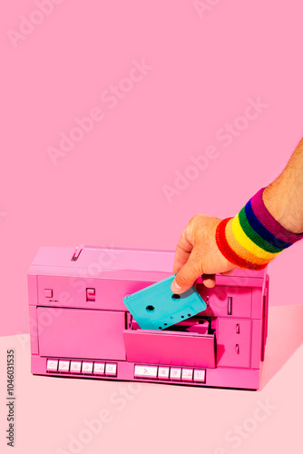 Hand Inserting Cassette into Pink Retro Tape Player photo