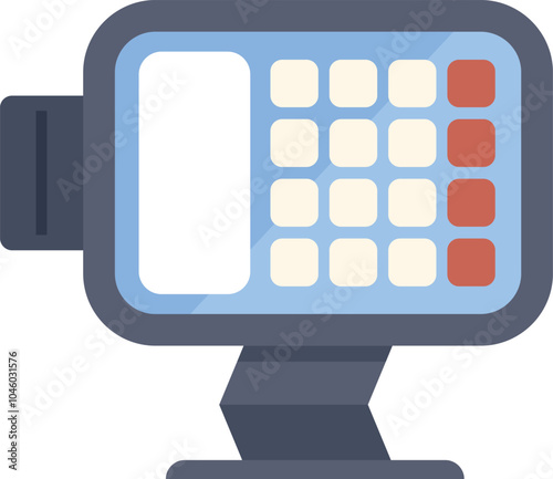 Blue credit card reader processing online payment with buttons on white background