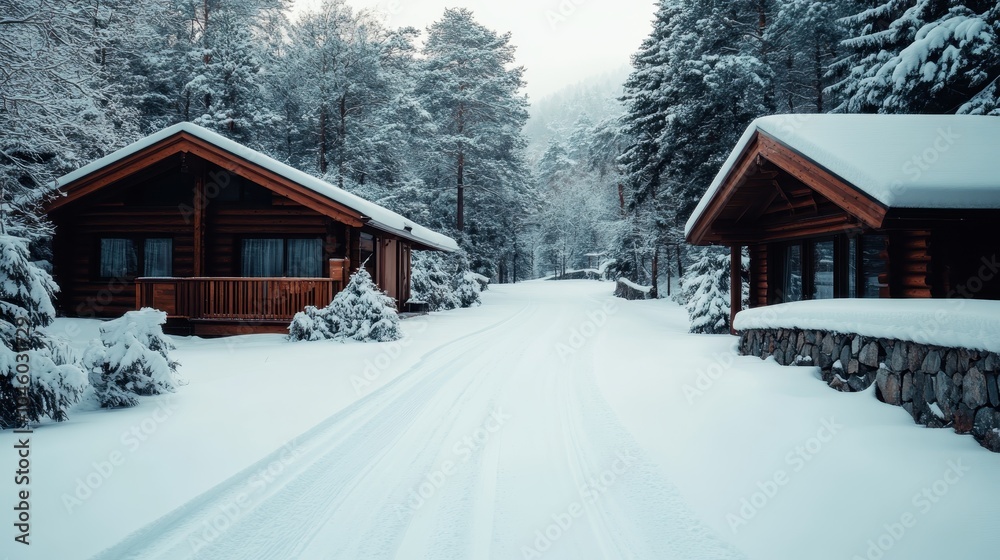 Snow-covered imagery of cozy wooden cabins nestled in a serene forest landscape, creating a picturesque view of winter tranquility and peacefulness. Snow-covered imagery of cozy wooden cabins nestled in a serene forest landscape, creating a picturesque view of winter tranquility and peacefulness.
