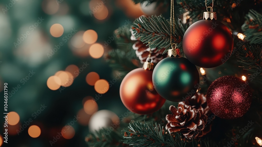 A beautiful Christmas tree decorated with shiny red and green baubles and pinecones captures the essence of festive holiday celebrations and joyful spirits. A beautiful Christmas tree decorated with shiny red and green baubles and pinecones captures the essence of festive holiday celebrations and joyful spirits.