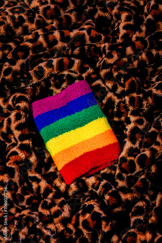 Wristband with rainbow colors on leopard print fabric photo