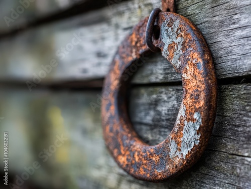 A close-up of a rusty metal ring hanging on an aged wooden wall captures the essence of antiquity and time with an artful and textured presentation. photo