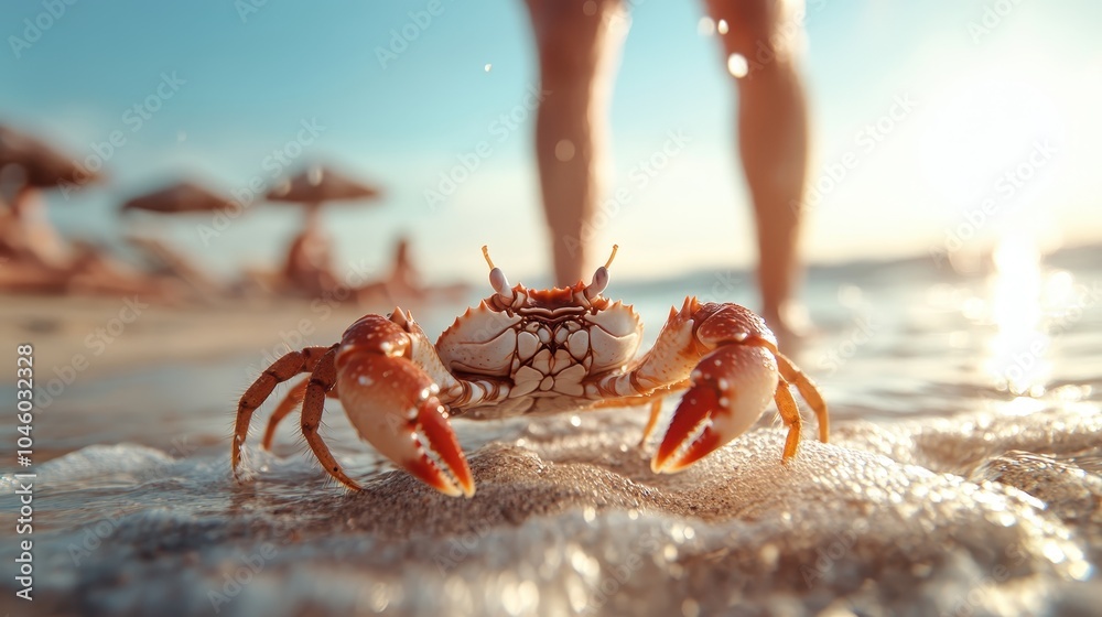 A determined crab makes its way through the shallow edge of the water, with legs and claws creating small splashes against the backdrop of a sunlit sandy beach scene. A determined crab makes its way through the shallow edge of the water, with legs and claws creating small splashes against the backdrop of a sunlit sandy beach scene.
