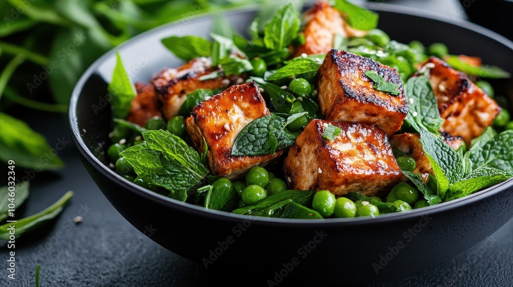 A visually appealing composition of grilled tofu paired with garden-fresh peas and mint leaves, stylishly arranged in a black bowl, epitomizing wholesome, healthy eating. A visually appealing composition of grilled tofu paired with garden-fresh peas and mint leaves, stylishly arranged in a black bowl, epitomizing wholesome, healthy eating.
