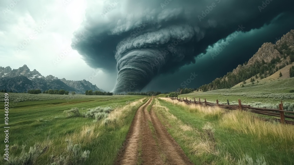 A breathtaking image showcasing a massive tornado funnel cloud slowly moving across a vast open field, with dramatic dark clouds swirling above, creating a striking contrast. A breathtaking image showcasing a massive tornado funnel cloud slowly moving across a vast open field, with dramatic dark clouds swirling above, creating a striking contrast.