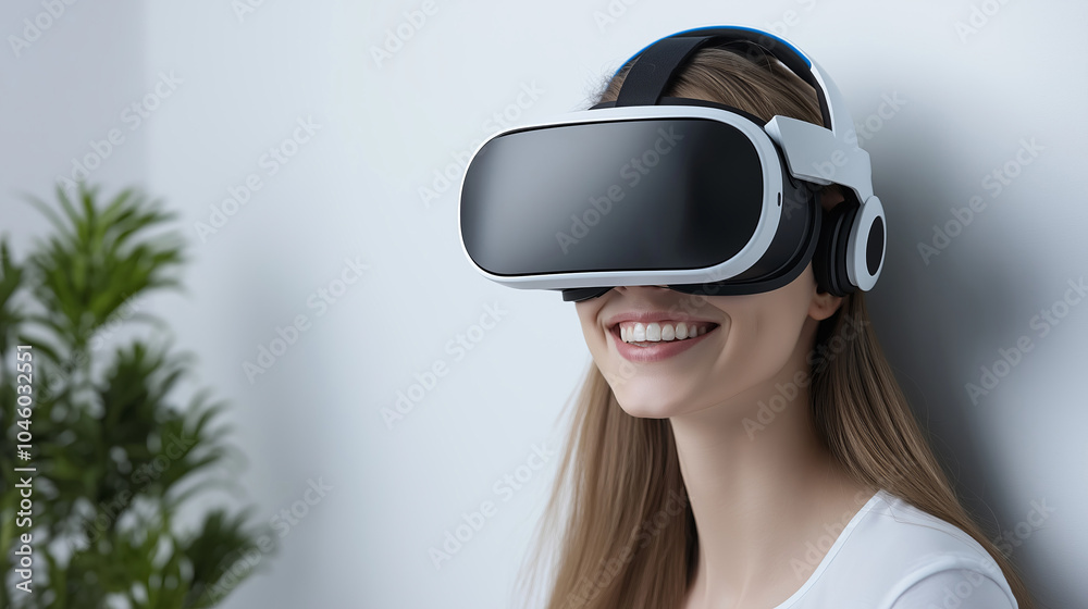 Fototapeta premium Smiling woman wearing VR headset, looking happy.