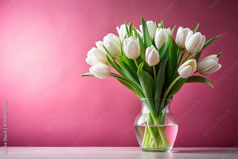 Spring flower arrangement with white tulips on a pink background Spring flower arrangement with white tulips on a pink background