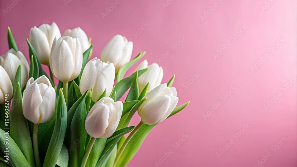 Spring flower arrangement with white tulips on pink background macro Spring flower arrangement with white tulips on pink background macro