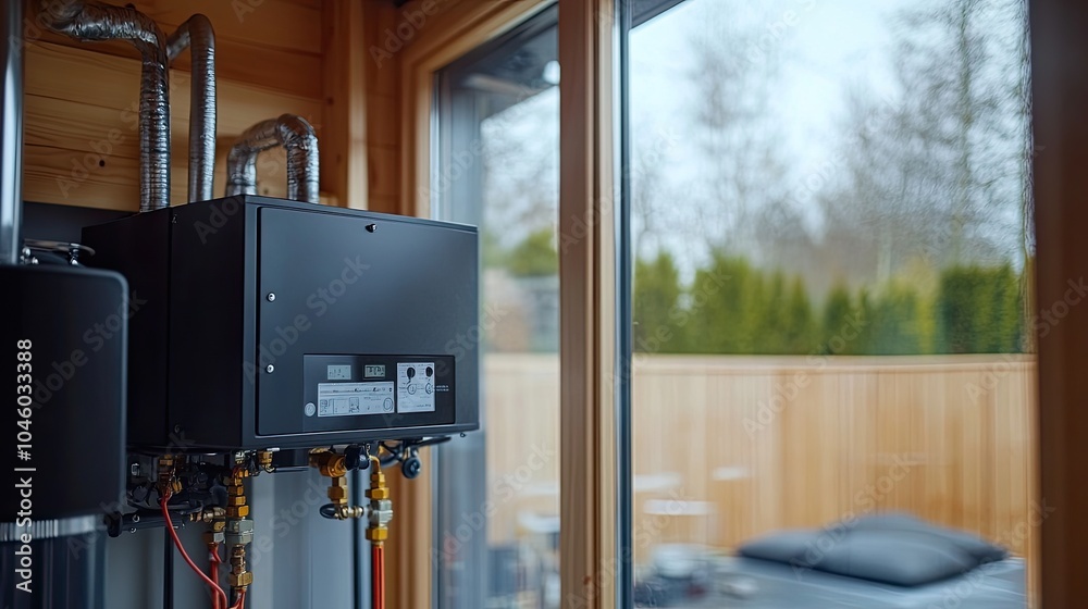 Modern heating system in a wooden room. Ideal for illustrating home heating and renovation projects. Modern heating system in a wooden room. Ideal for illustrating home heating and renovation projects.