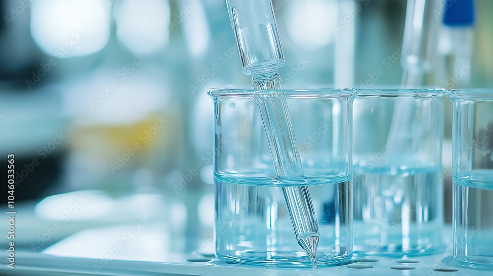 A glass pipette in a beaker of liquid. A glass pipette in a beaker of liquid.