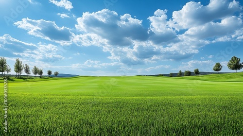 Scenic View of Golf Course with Lush Green Grass, Trees, and Blue Skies with Fluffy Clouds photo