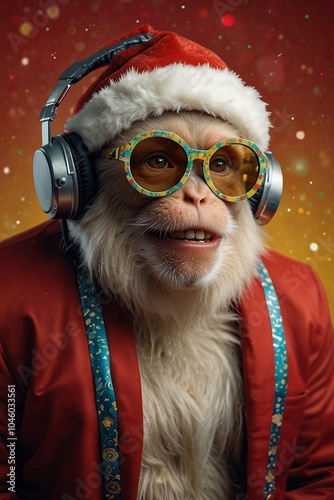 Santa capuchin monkey with glasses and modern headphones, spreading festive joy with a contemporary twist