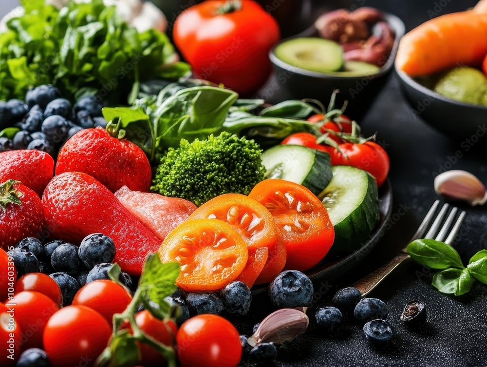 Healthy eating plan, vibrant colors, fresh ingredients, close-up, inviting Healthy eating plan, vibrant colors, fresh ingredients, close-up, inviting