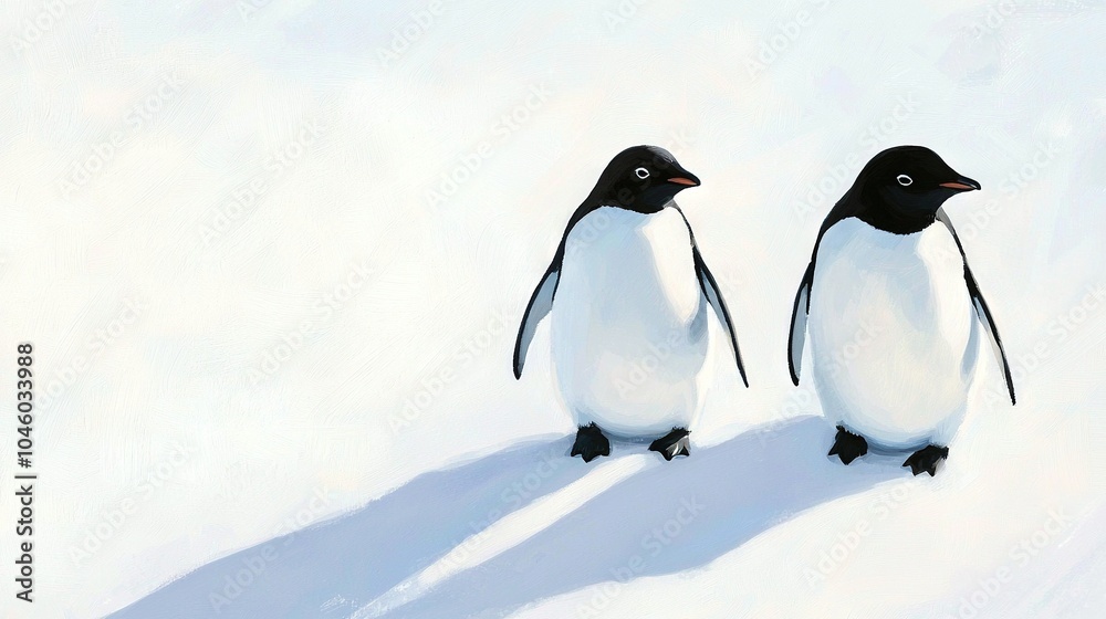 Obraz premium A few penguins stand together on a snow-covered ground, casting a shadow on the ground