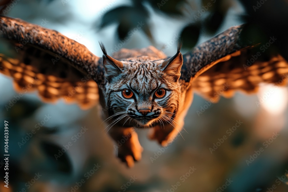 A mesmerizing image of a fantastical creature combining feline features with wide wings gliding through the air, casting an intense gaze upon the viewer. A mesmerizing image of a fantastical creature combining feline features with wide wings gliding through the air, casting an intense gaze upon the viewer.