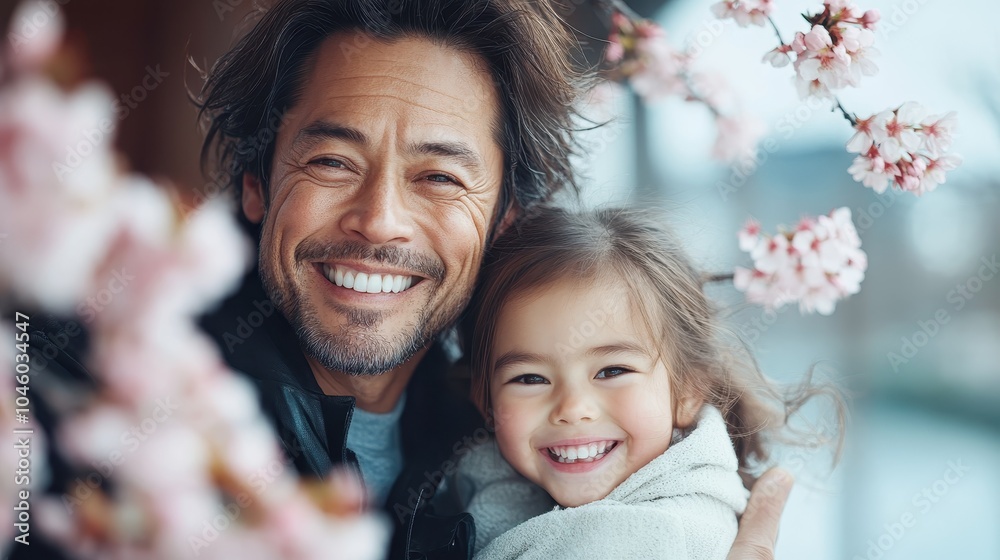 A heartwarming image of a father and daughter sharing smiles surrounded by cherry blossom branches, highlighting the essence of love and companionship in nature. A heartwarming image of a father and daughter sharing smiles surrounded by cherry blossom branches, highlighting the essence of love and companionship in nature.