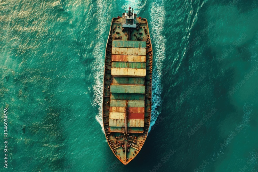 Aerial view of cargo ship on sea. Perfect for illustrating international trade, shipping, and logistics.