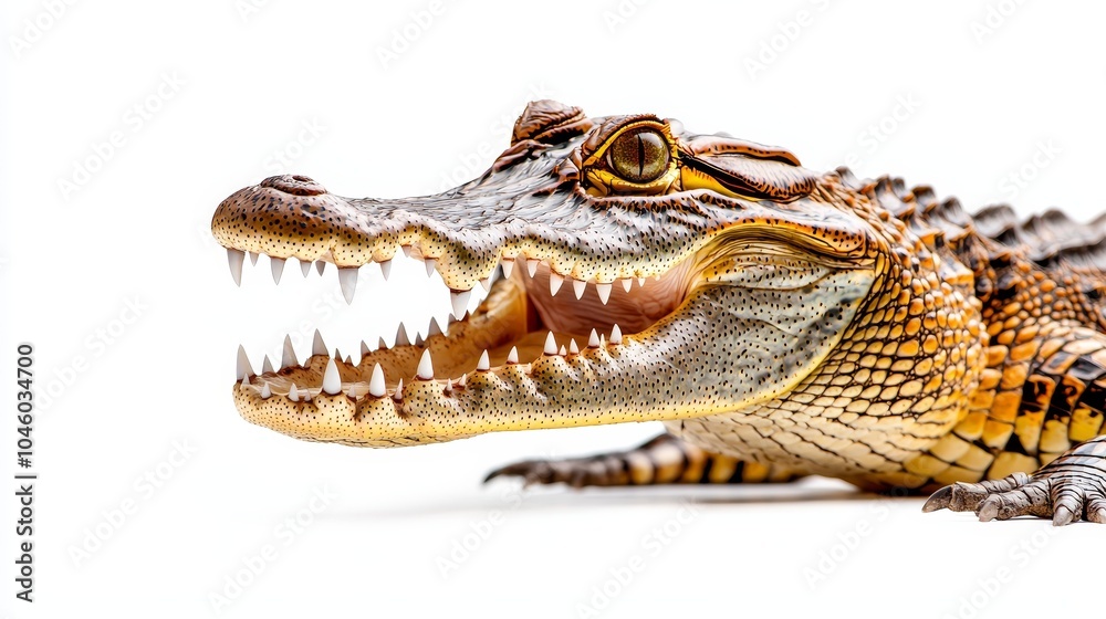 Fototapeta premium Crocodile in attack mode, mouth fully open, aggressive stance, texture-rich scales and teeth on display, isolated against a stark white background