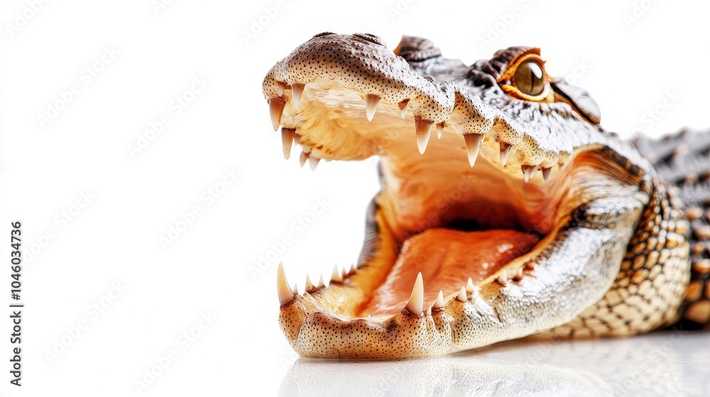 Crocodile in mid-roar, mouth wide open, detailed scales and sharp teeth, isolated on a clean white background, intense natural lighting, wildlife photography style Crocodile in mid-roar, mouth wide open, detailed scales and sharp teeth, isolated on a clean white background, intense natural lighting, wildlife photography style