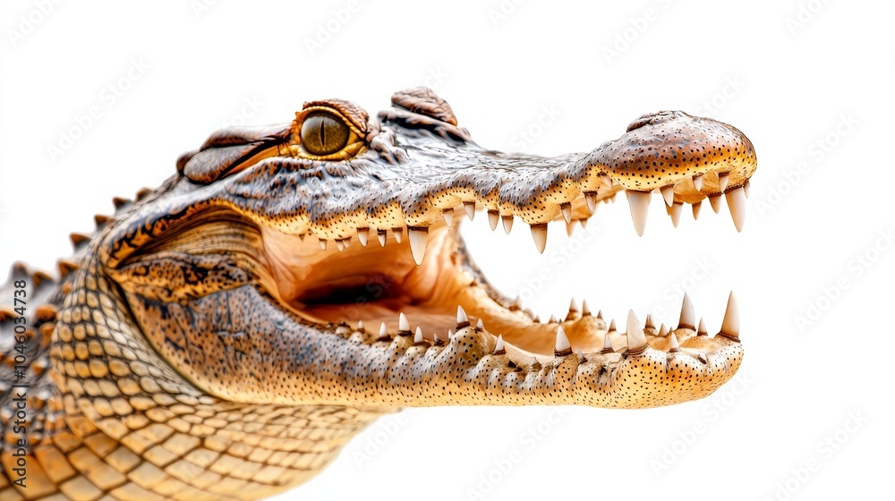 Fototapeta premium Crocodile in attack mode, mouth fully open, aggressive stance, texture-rich scales and teeth on display, isolated against a stark white background