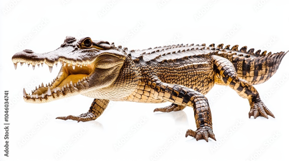Fototapeta premium Crocodile in attack mode, mouth fully open, aggressive stance, texture-rich scales and teeth on display, isolated against a stark white background