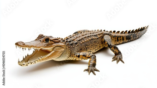 Crocodile frozen in a threatening pose, mouth wide open, emphasizing the power of its jaw and detailed skin patterns, isolated on a white backdrop