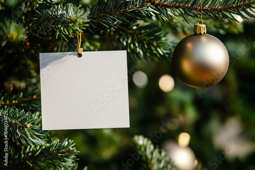 White blank mock up card hagning on a Christmas tree with colorful ornaments photo