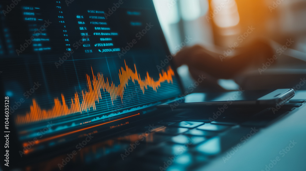 Businessman using smartphone and laptop to view innovation reports, digital graphs, analyze market changes and investments during holidays. Businessman using smartphone and laptop to view innovation reports, digital graphs, analyze market changes and investments during holidays.