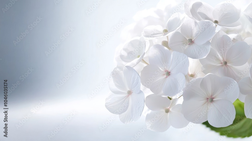 Delicate white hydrangea cluster, soft-focus background, Hydrangea floral details, Elegant simplicity Delicate white hydrangea cluster, soft-focus background, Hydrangea floral details, Elegant simplicity