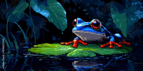 A blue and red frog perched on a lily pad in a dark, swampy setting. photo