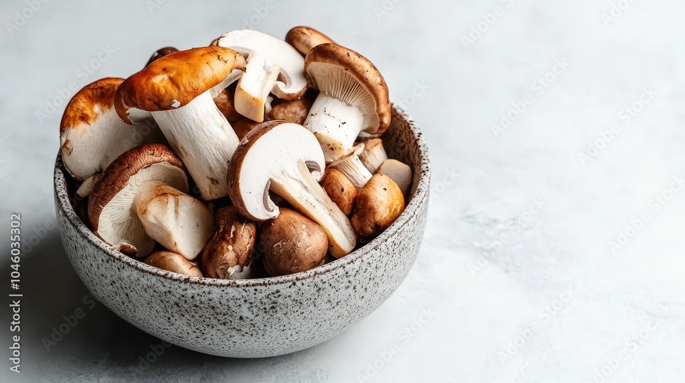 This image showcases a rustic ceramic bowl brimming with an assortment of fresh mushrooms like shiitake and button mushrooms, against a gentle light background, evoking earthy freshness. This image showcases a rustic ceramic bowl brimming with an assortment of fresh mushrooms like shiitake and button mushrooms, against a gentle light background, evoking earthy freshness.