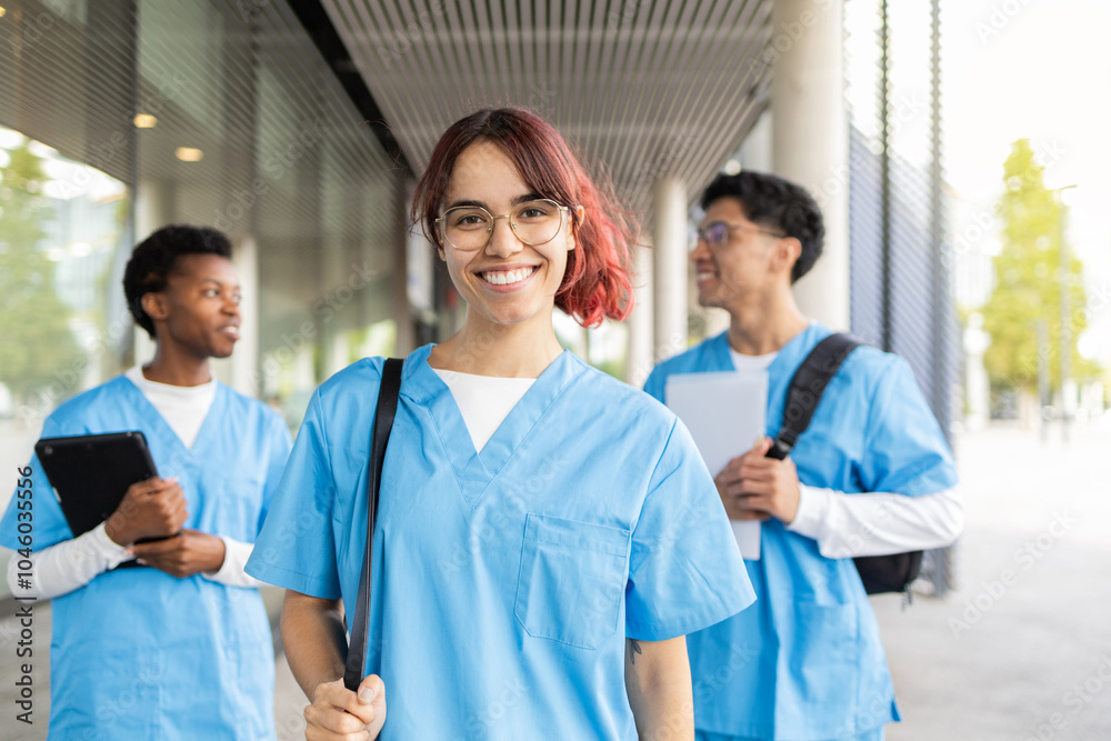 Smiling female nursing student with classmates in background