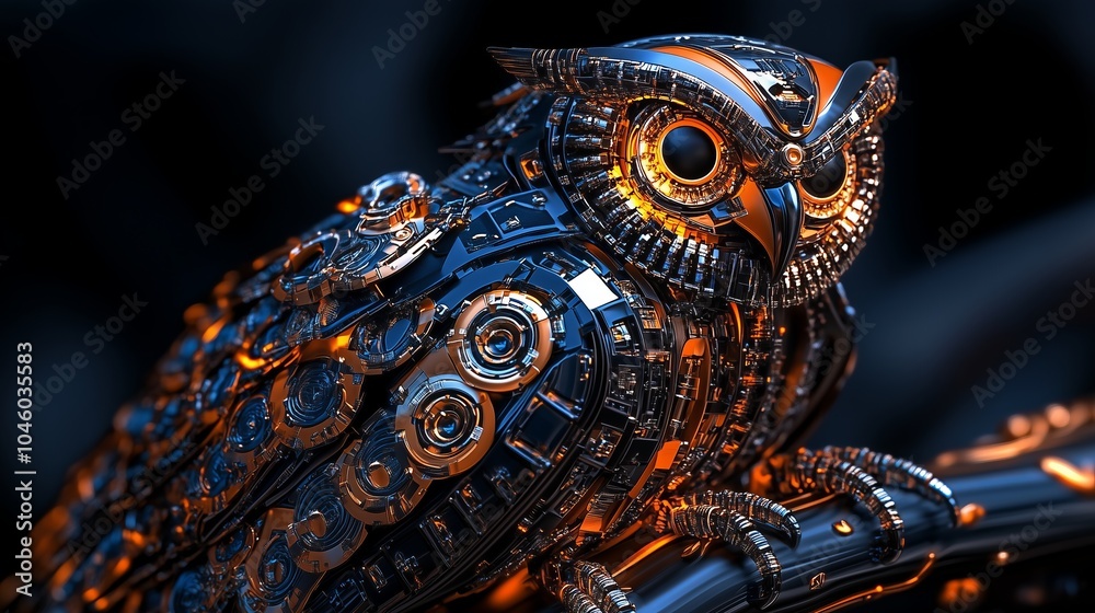 Naklejka premium A metallic owl with intricate gears and glowing eyes.