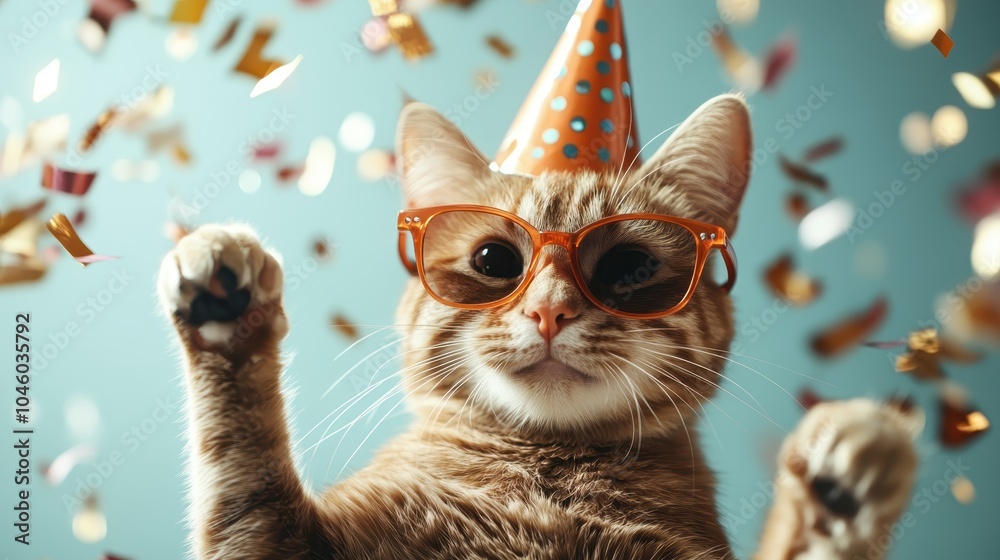 This image features a delightful cat adorned with vibrant orange glasses and a festive party hat, surrounded by glittering confetti against an enticing backdrop.
