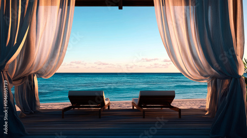 Beach cabana with flowing curtains and lounge chairs overlooking the ocean