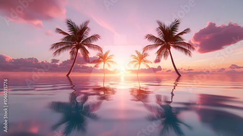 Dreamy tropical landscape, palm trees forming abstract shapes under a glowing sunset, pink and orange tones filling the sky and reflecting on water