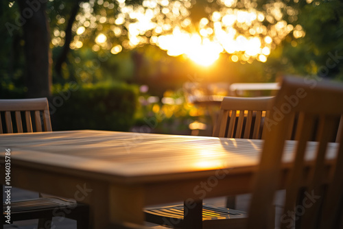 A wooden table and chairs set on a patio at sunset photo