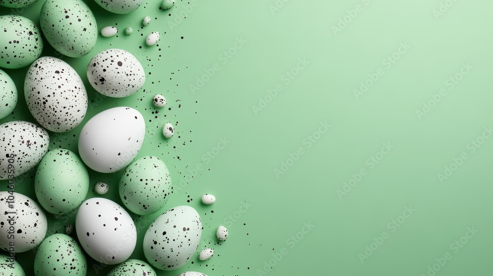 A collection of intricately speckled eggs is artistically scattered across a vibrant mint green backdrop, creating a fresh and eye-catching composition. A collection of intricately speckled eggs is artistically scattered across a vibrant mint green backdrop, creating a fresh and eye-catching composition.