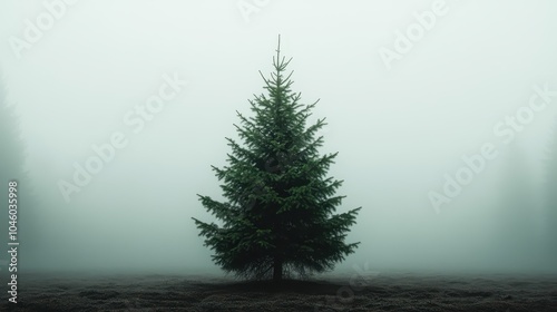 A stately fir tree emerges unapologetically amidst the heavy fog of a sprawling field, encapsulating themes of solitude and perseverance against a mystical backdrop. photo