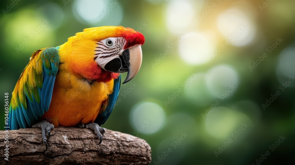 A vibrant and colorful macaw with its striking feathers perched on a wooden branch, set against a blurred bokeh background in a tropical setting. A vibrant and colorful macaw with its striking feathers perched on a wooden branch, set against a blurred bokeh background in a tropical setting.