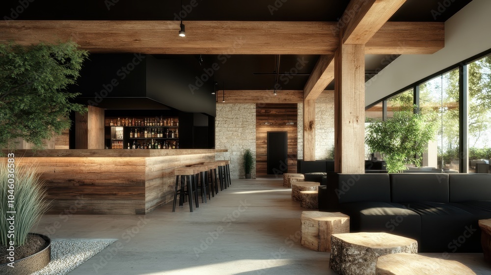 A warm and inviting bar space featuring rustic wood beams, a stone wall, and natural sunlight, ideal for relaxation and social gatherings. A warm and inviting bar space featuring rustic wood beams, a stone wall, and natural sunlight, ideal for relaxation and social gatherings.