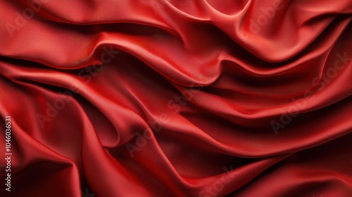 Elegantly draping red silk fabric creates dramatic waves, showcasing luxury and sophistication through its smooth, glossy texture and flowing movement.