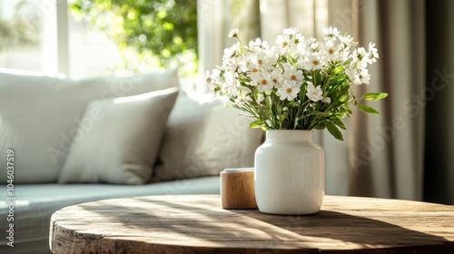 Wallpaper Mural A vase filled with white daisies placed on a wooden table, bathed in natural sunlight streaming through a window, creating a serene and peaceful atmosphere. Torontodigital.ca