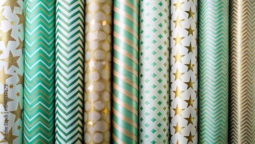 Mint and gold patterned wrapping paper rolls photo