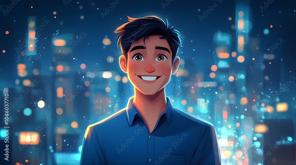 Positive cartoon man with a bright smile, blue shirt, surrounded by an urban night scene, light city vibes, soft background glow Positive cartoon man with a bright smile, blue shirt, surrounded by an urban night scene, light city vibes, soft background glow